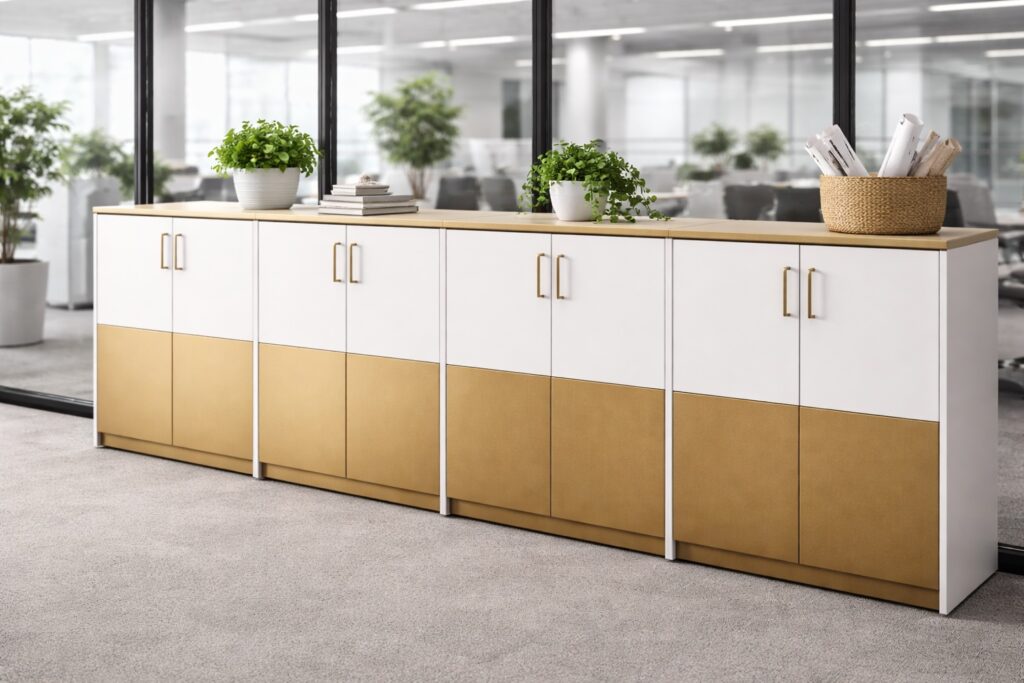 A sleek row of gold and white office storage cupboards in a modern, brightly lit office.