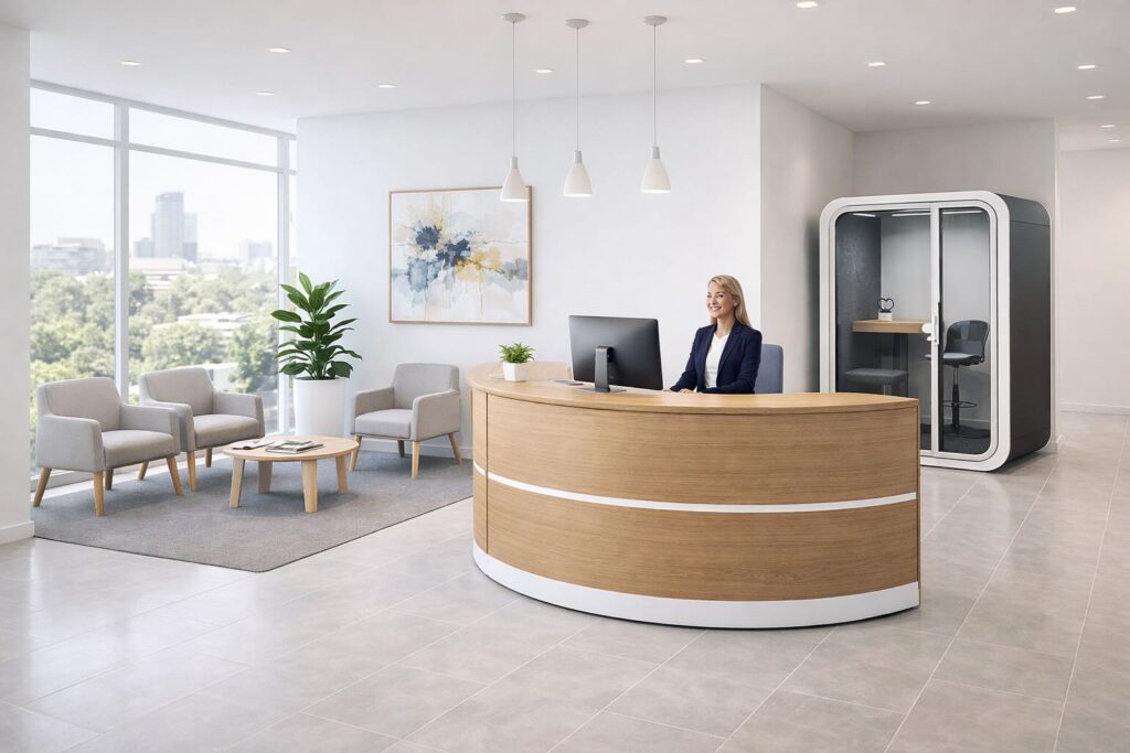 A bright, modern reception area features a curved wooden desk, waiting chairs, and a privacy pod.