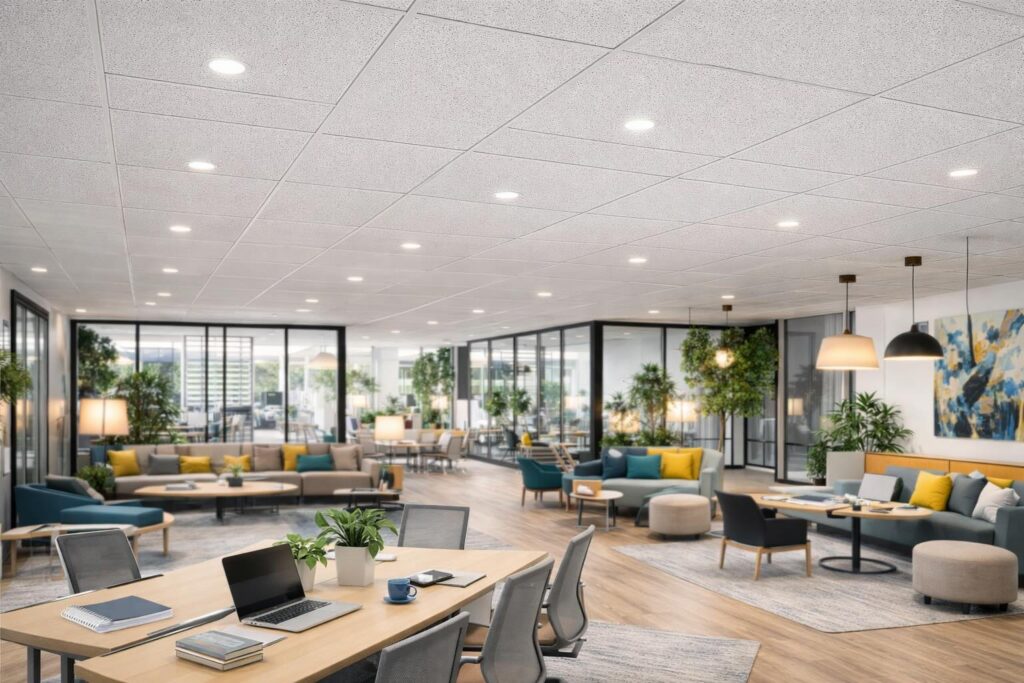 A modern office with high-performance acoustic ceiling tiles