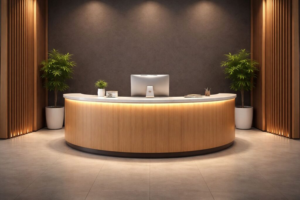 An illustration of a modern office reception counter with a warm, inviting glow, set against a sophisticated dark background, perfectly centred.