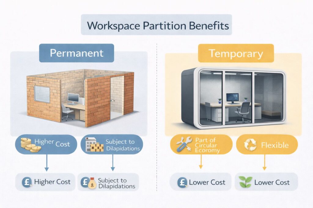  An infographic detailing workspace partition benefits, comparing permanent and temporary partition features and costs.