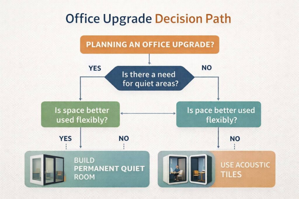 Flowchart detailing an office upgrade decision path, considering quiet needs, pods, and tiles.