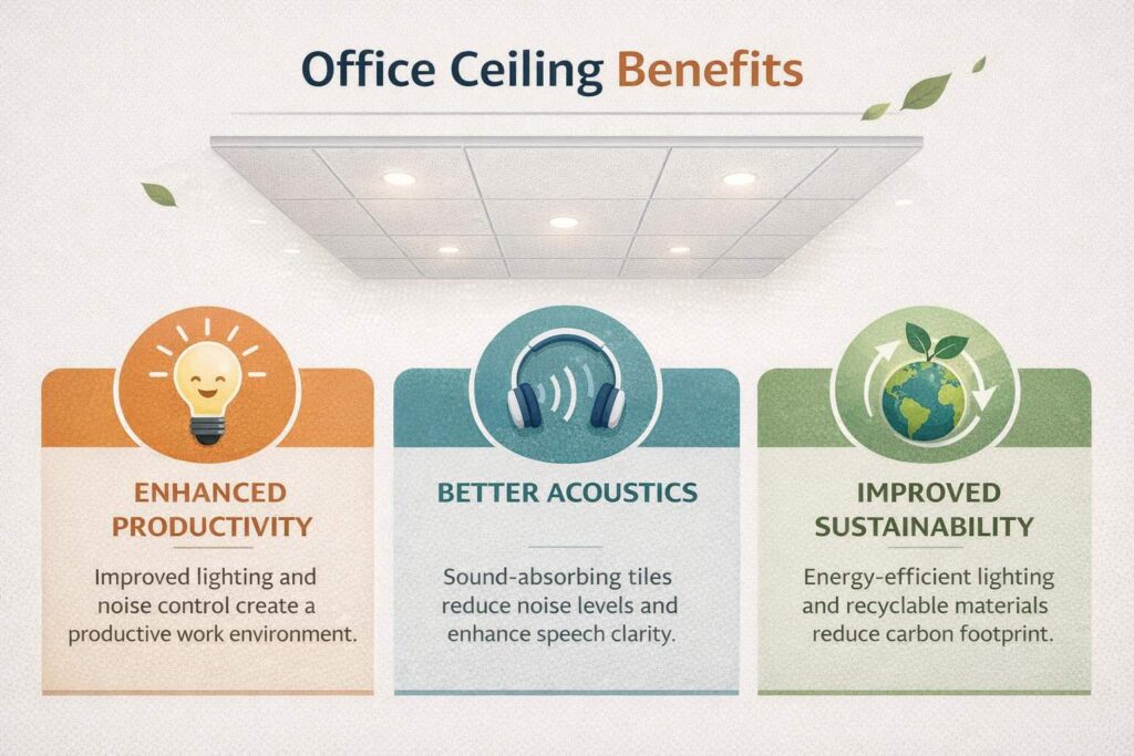 Infographic detailing office ceiling benefits: enhanced productivity, better acoustics, and improved sustainability through ceiling tiles.