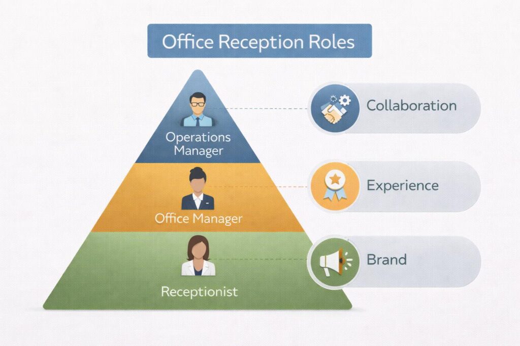 Office reception roles hierarchy diagram highlighting brand, experience, and collaboration aspects.