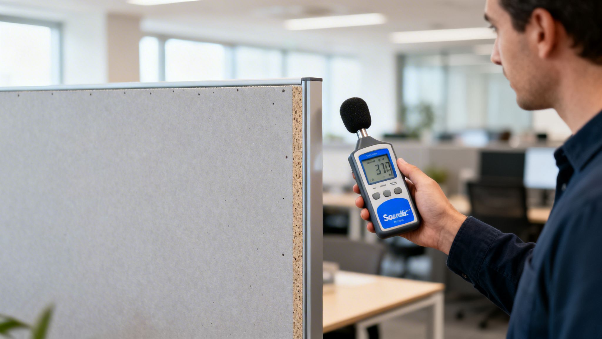 Man uses a sound level meter to test a sound-insulating plasterboard partition in an office.