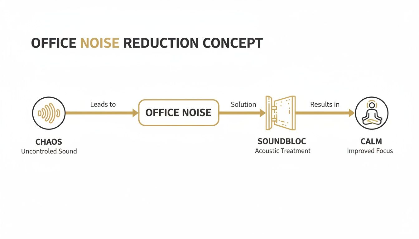Flowchart illustrating the concept of reducing office noise, from uncontrolled sound to improved focus, using Soundbloc acoustic treatment.