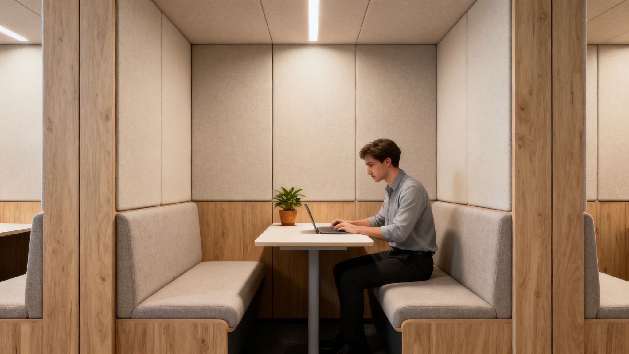 A man works on a laptop in a modern sound-proof office booth with upholstered walls.