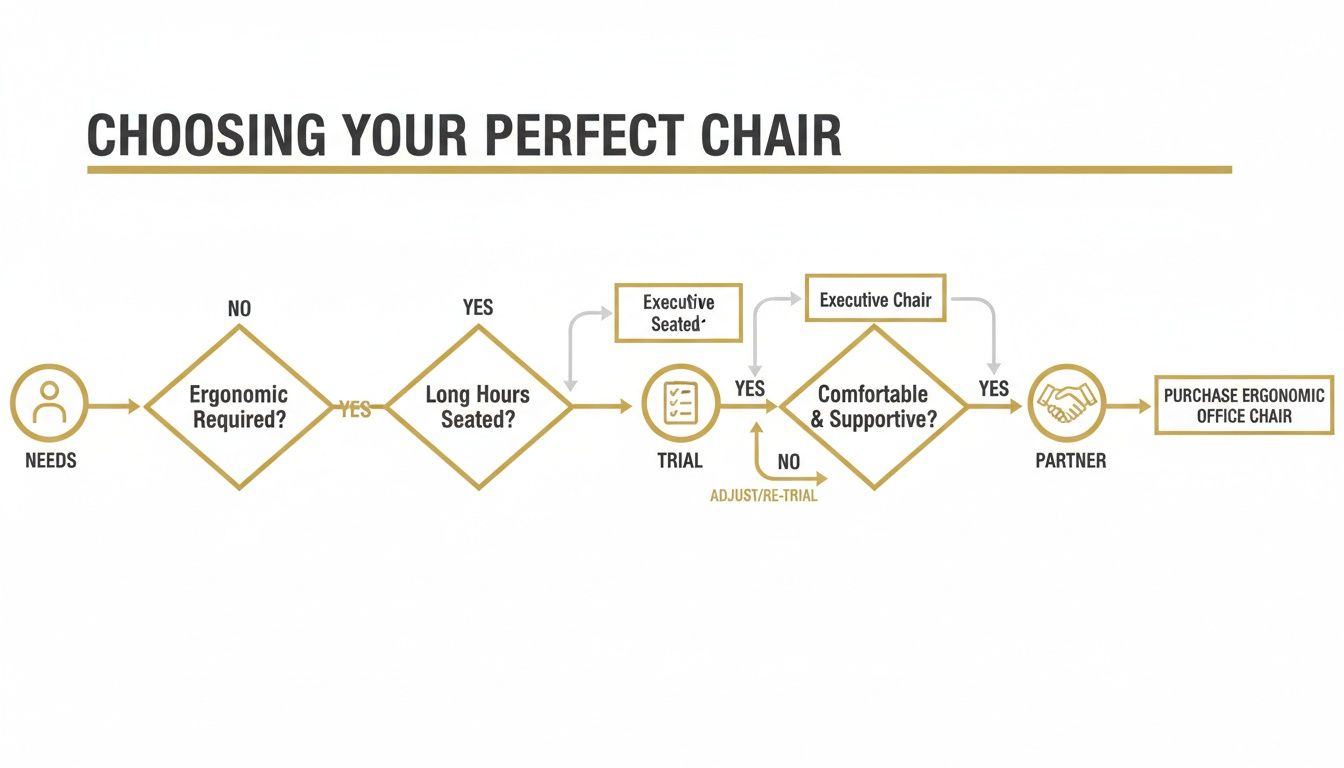 Flowchart illustrating the step-by-step process to choose the perfect ergonomic office chair.