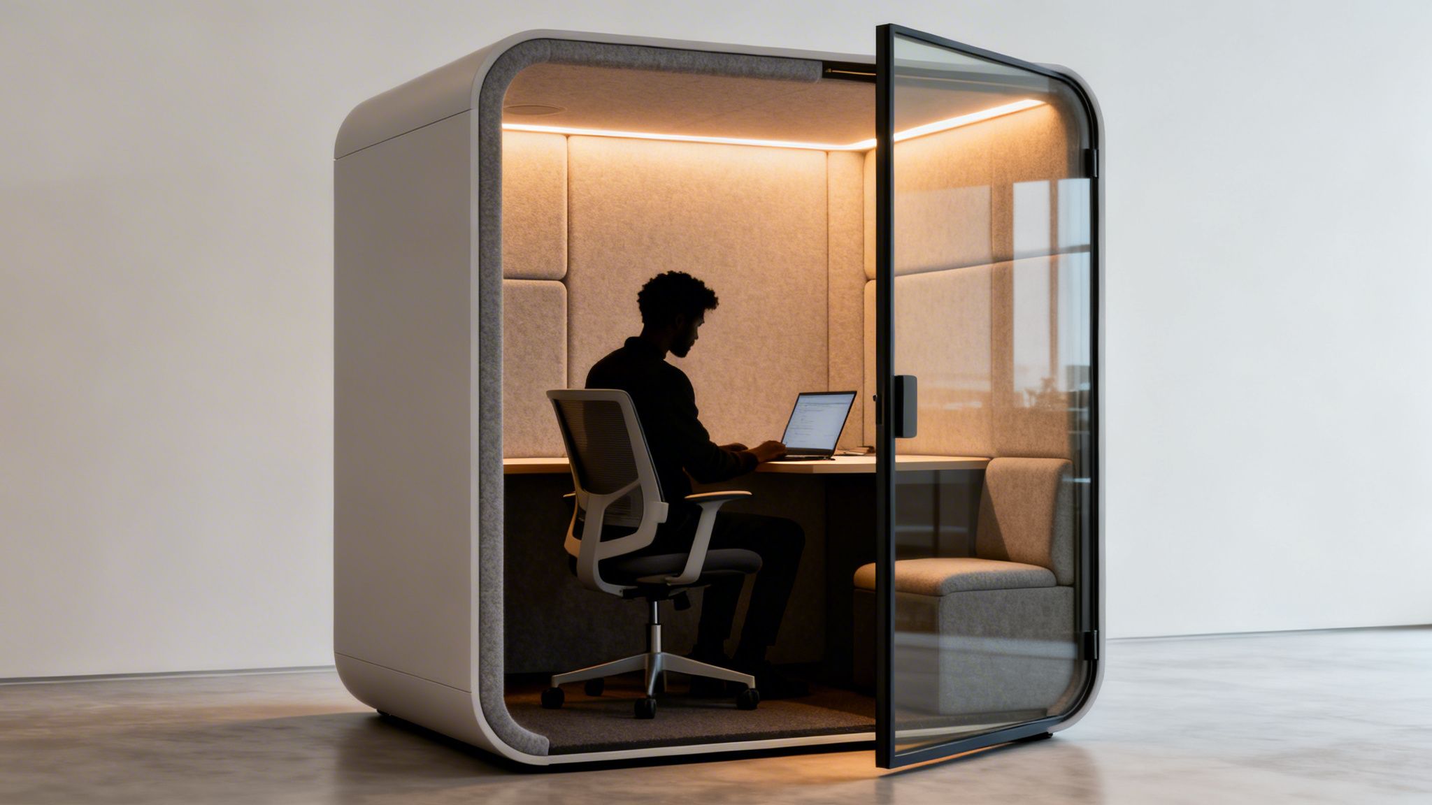 A man works on a laptop inside a modern, illuminated office pod with a glass door.