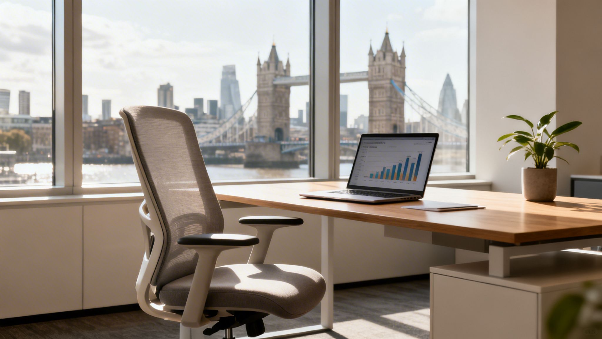 An ergonomic office chair faces a desk with a laptop and plant, overlooking London's Tower Bridge.