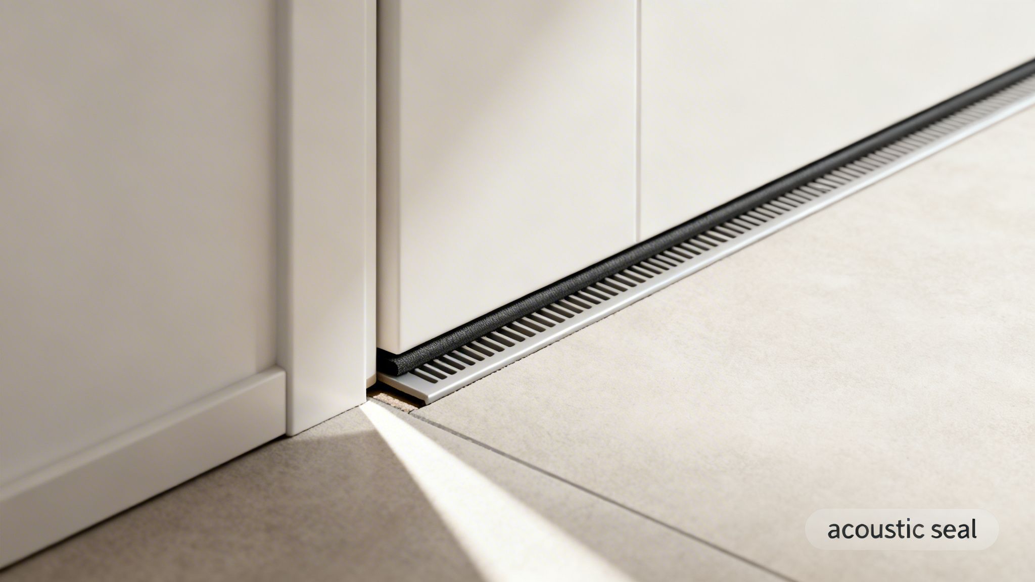 Close-up of a modern acoustic seal and integrated floor vent between light walls and tiled flooring.