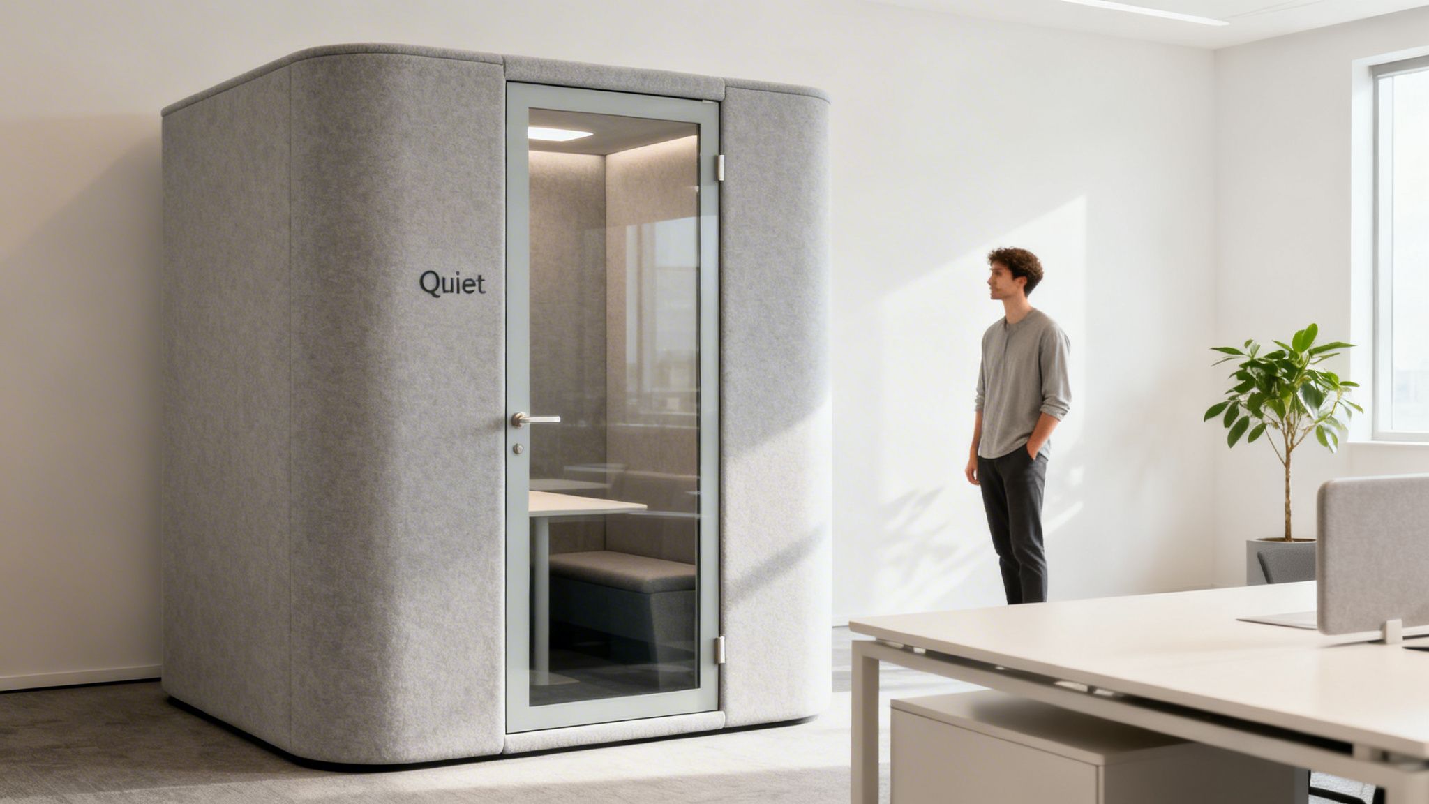 A man stands next to a modern grey soundproof office pod in a bright office.