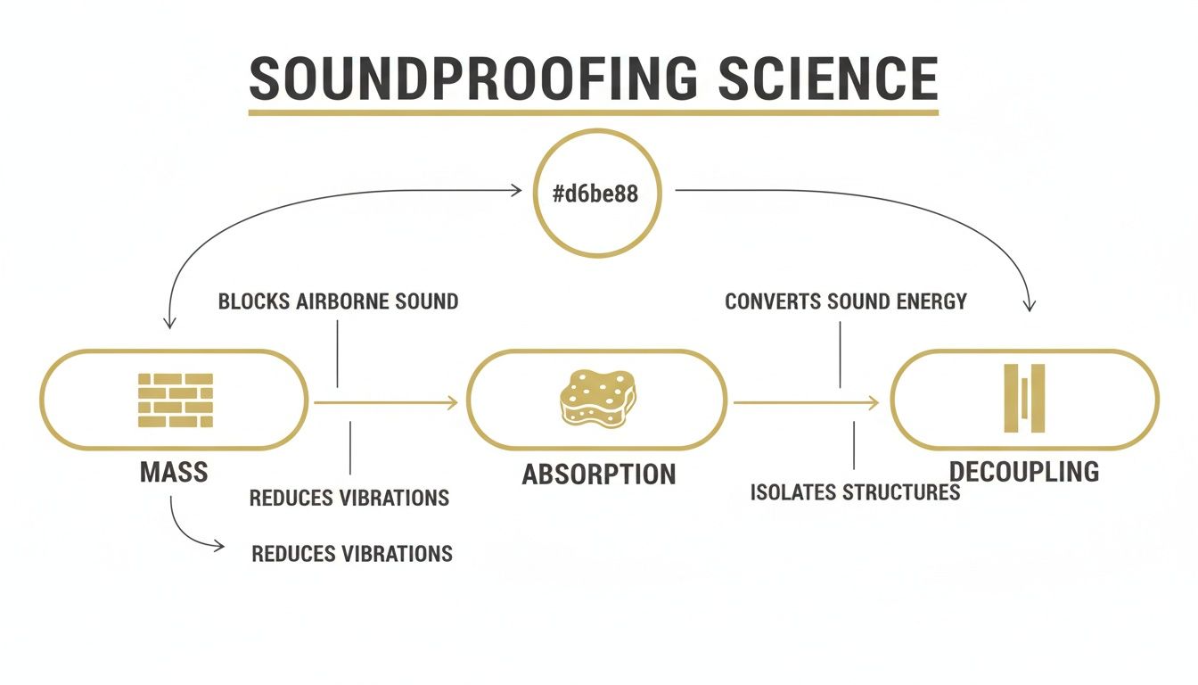 Diagram illustrating soundproofing science, detailing how mass, absorption, and decoupling work together.