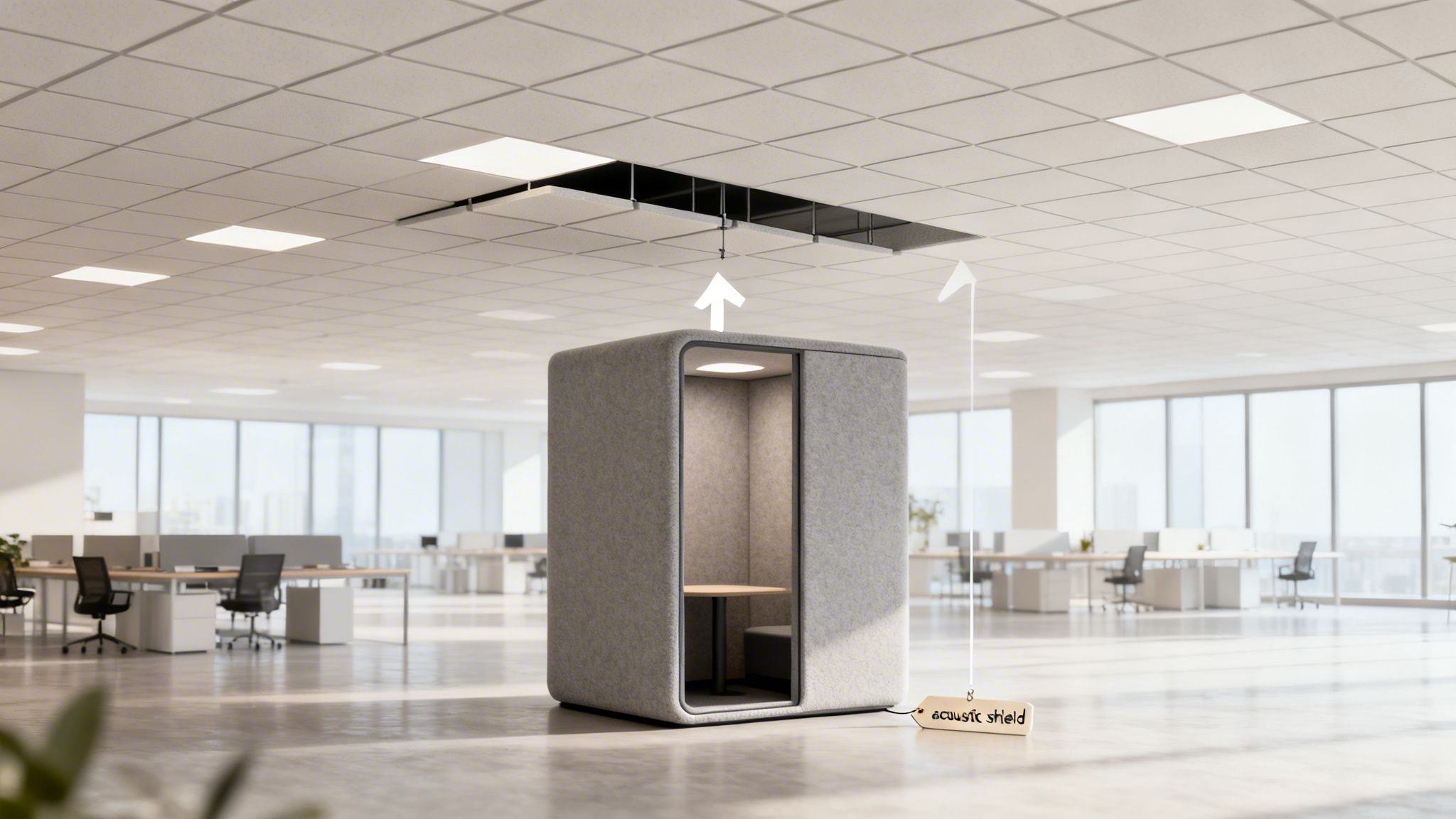 Acoustic booth in a modern open-plan office, with ceiling integration and suspended acoustic panels.