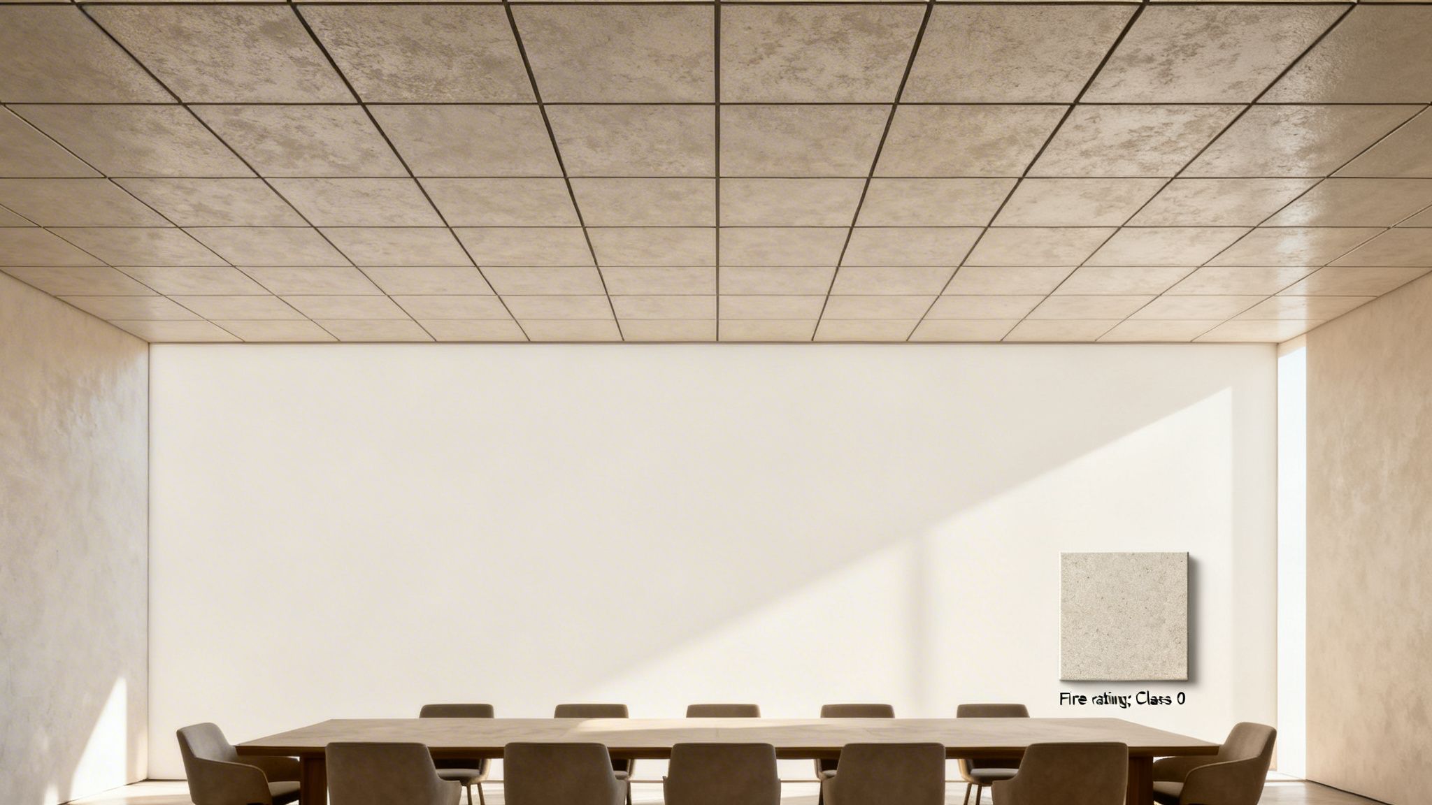 Spacious modern office meeting room featuring fire-rated ceiling tiles and a long conference table.