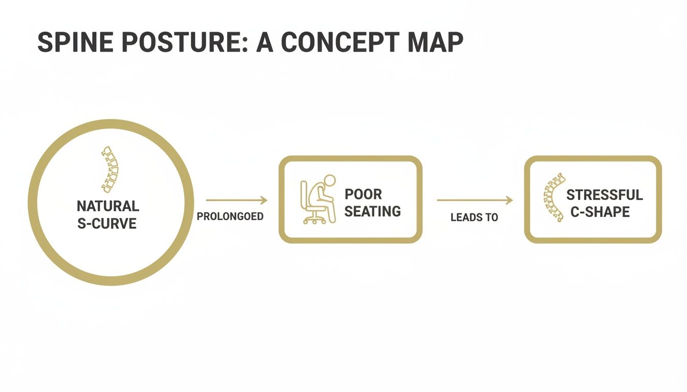 A concept map illustrating how a natural S-curve spine transitions to a stressful C-shape due to prolonged poor seating.