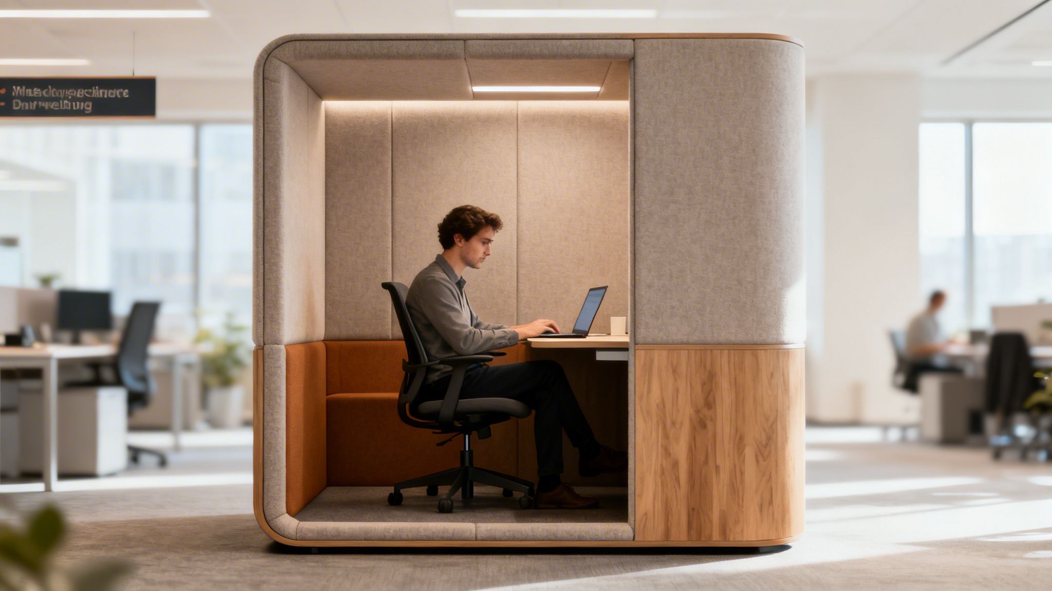 A man works on a laptop inside a modern, soundproof office privacy pod in an open-plan office.