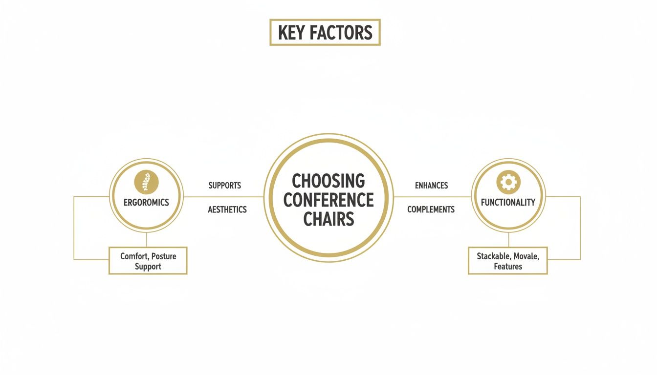 A diagram outlining key factors for choosing conference chairs: ergonomics, aesthetics, and functionality.