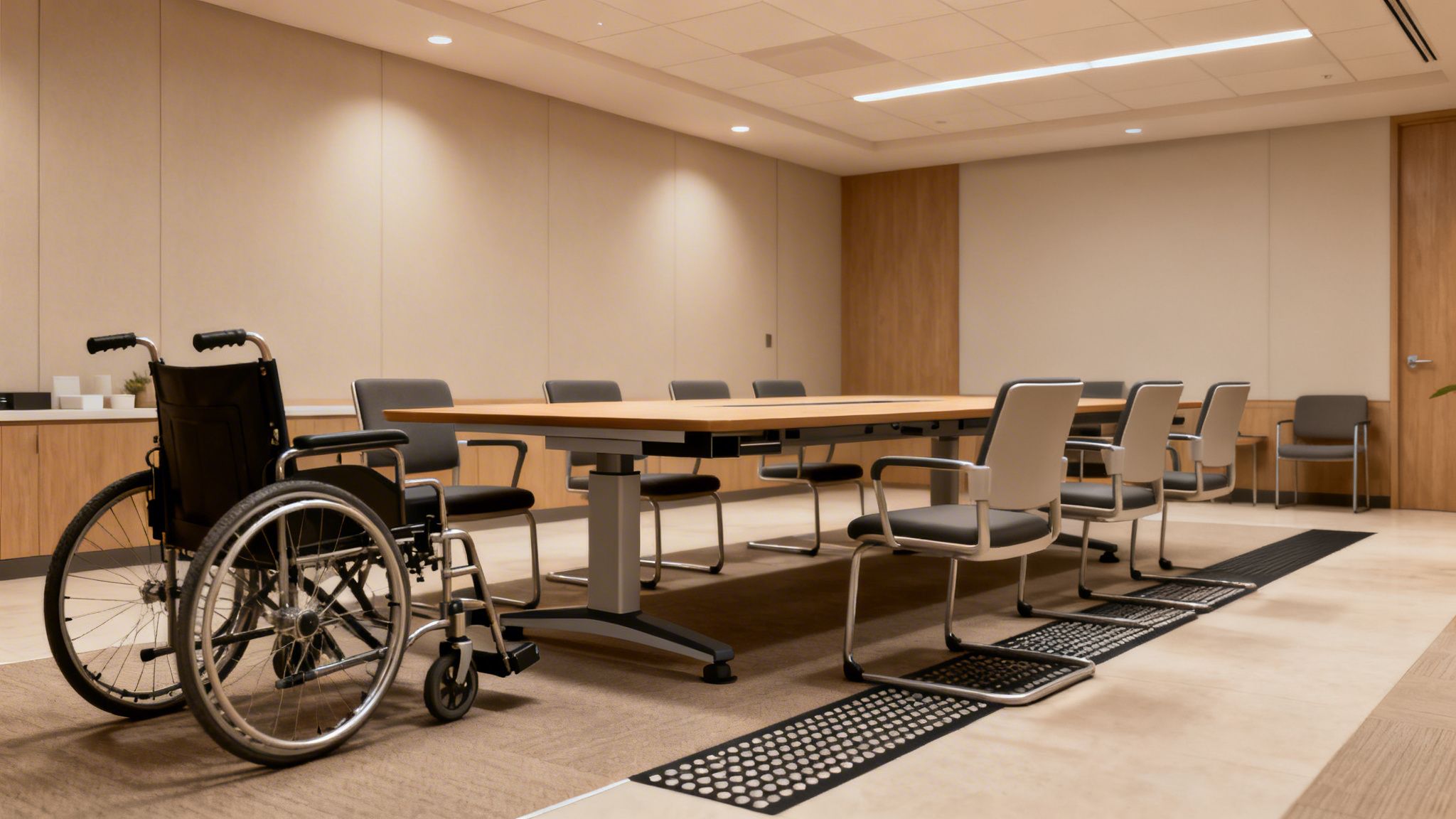 A modern conference room featuring a long table, numerous chairs, and a wheelchair in the foreground.