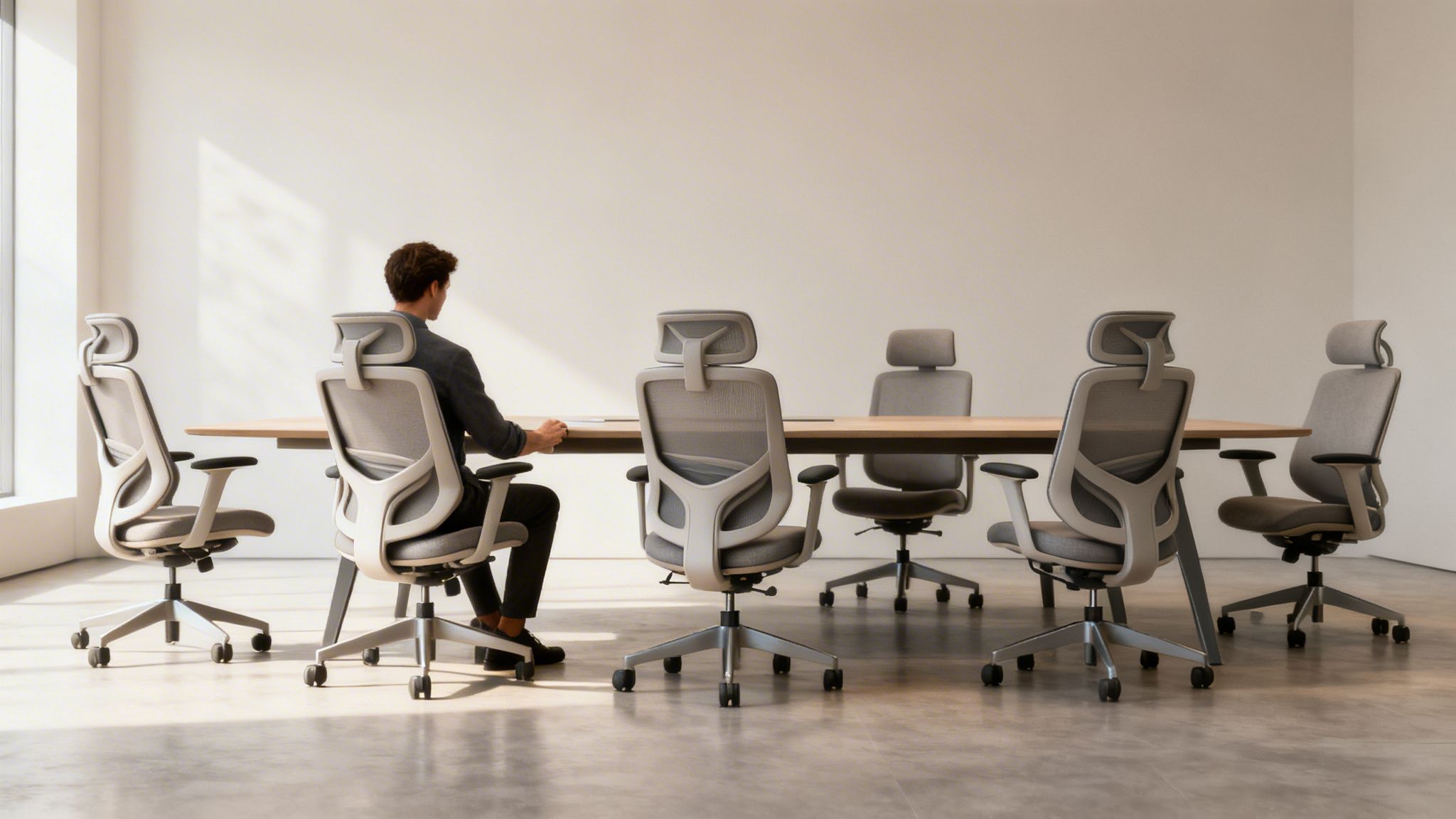 Modern conference room with a wooden table, ergonomic gray chairs, and a person working, bathed in sunlight.