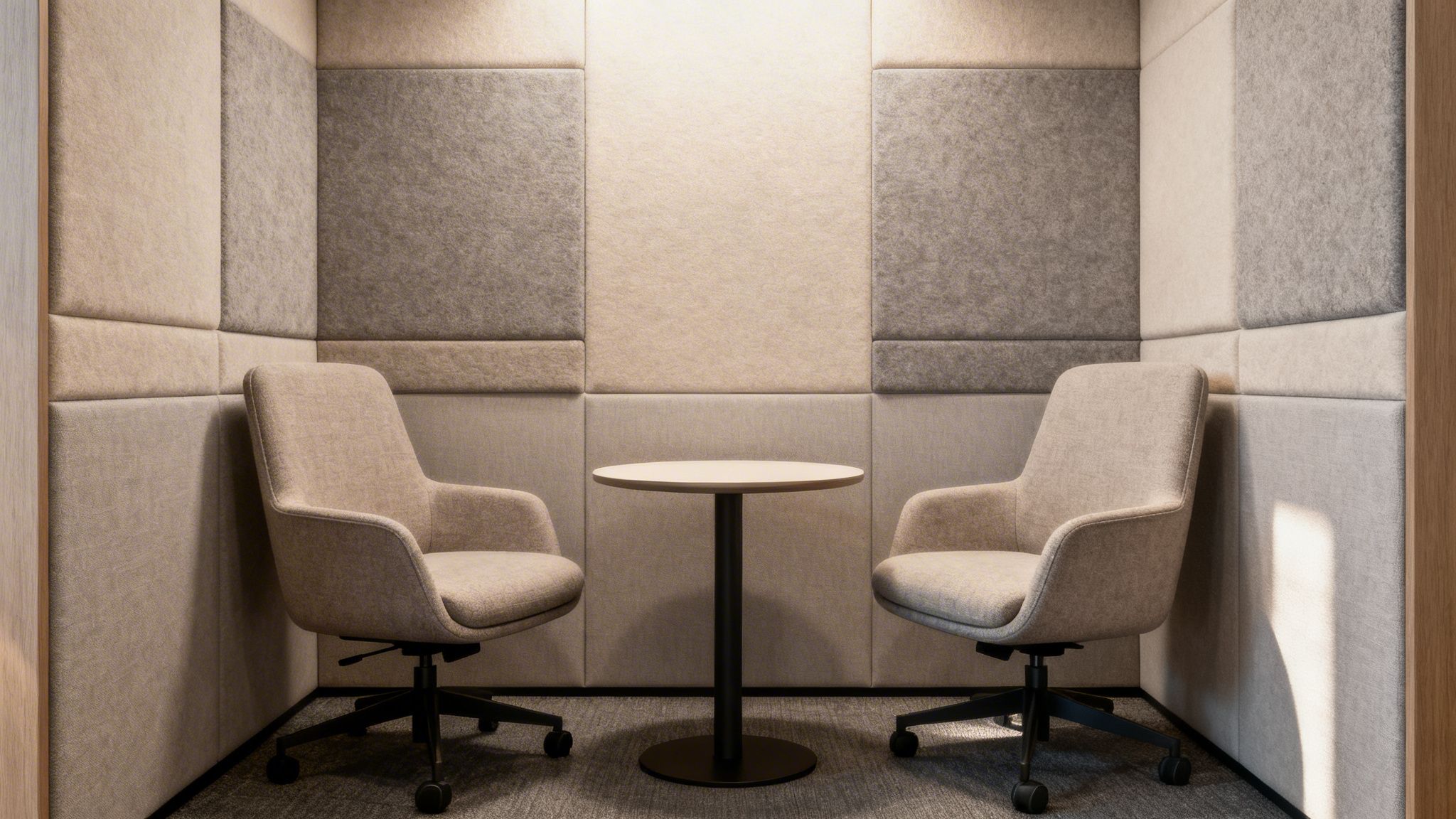 Two modern beige chairs and a small round table in a soundproof meeting booth.