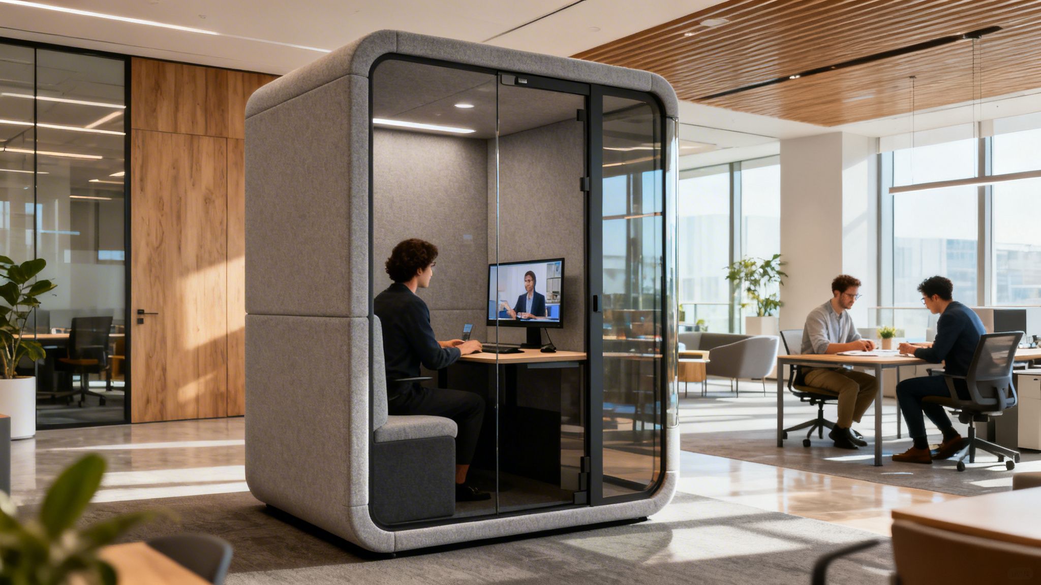 A modern office interior featuring a person in a soundproof booth on a video call, and two men collaborating at a table.