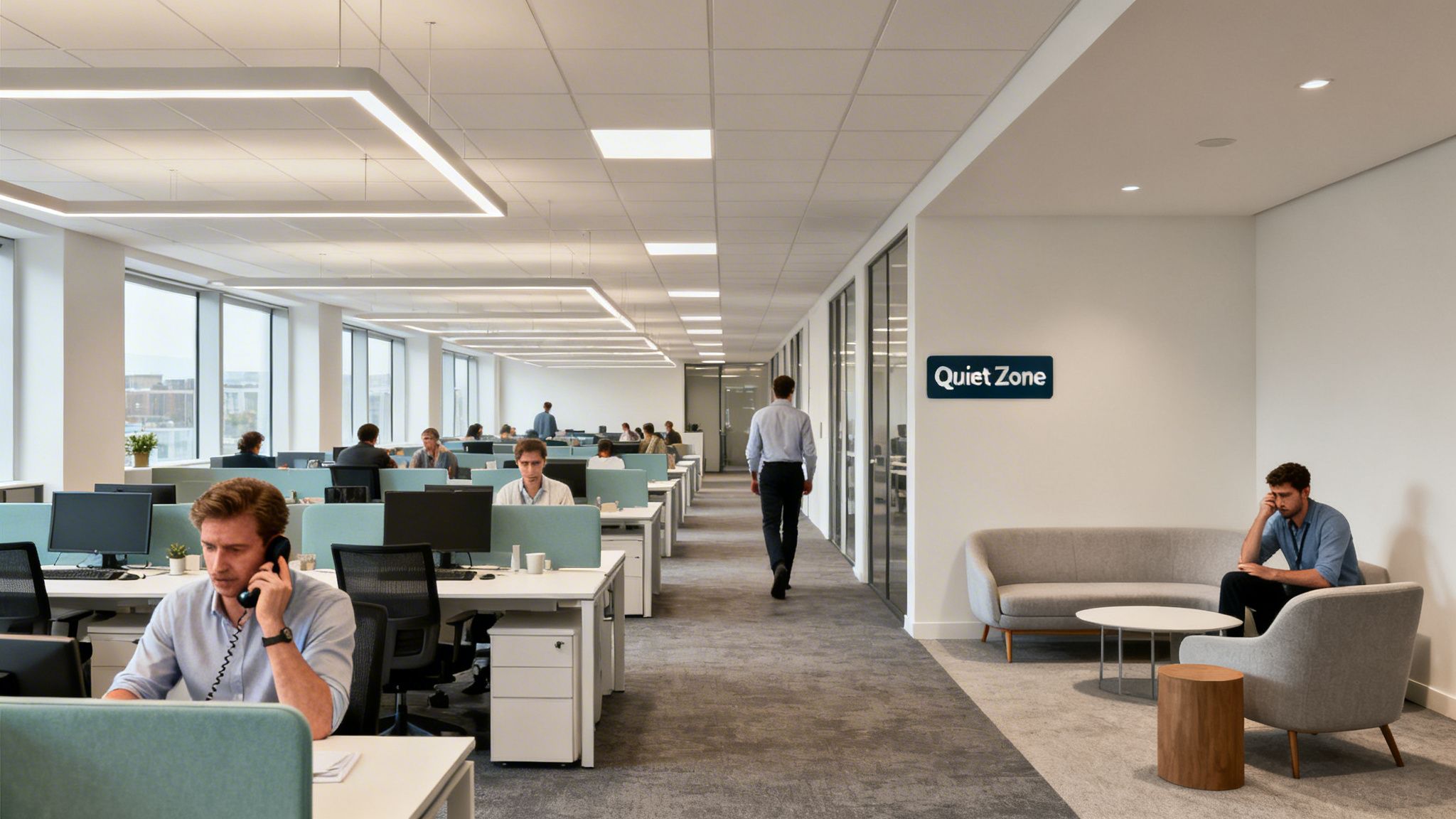 Modern open-plan office with employees working at desks, a walking man, and a quiet zone.