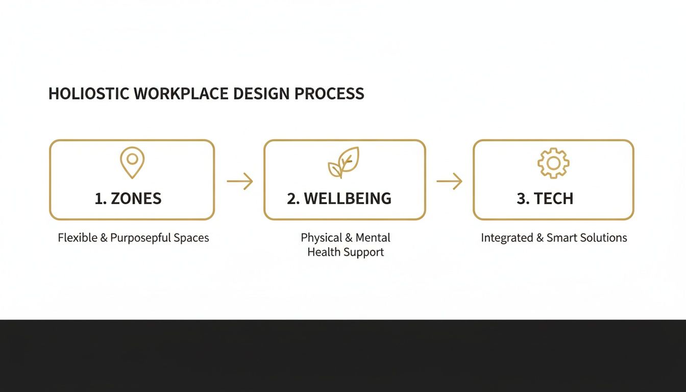 A diagram illustrating the holistic workplace design process with three steps: Zones, Wellbeing, and Tech.
