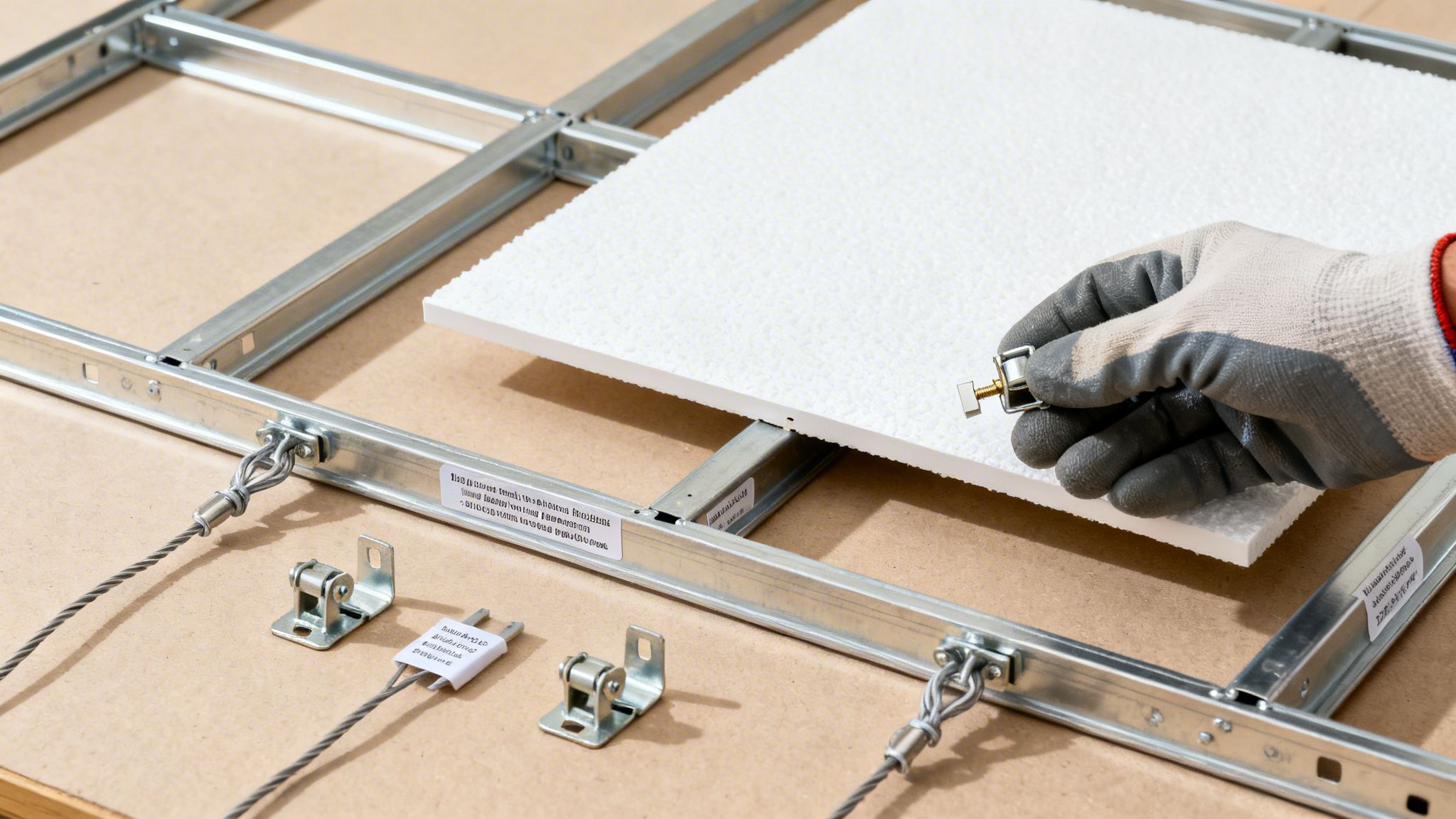 Close-up of a worker assembling a drop ceiling, showing a panel, metal frame, and hardware.