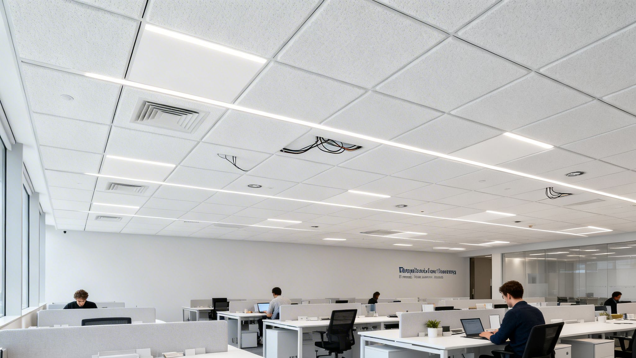 A bright, modern office with a white drop ceiling, linear lighting, and people working at desks.