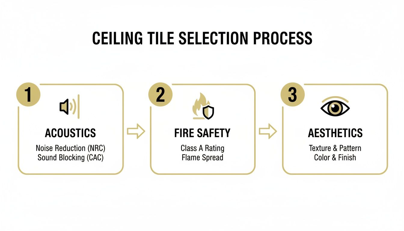 A diagram illustrates the three-step ceiling tile selection process: acoustics, fire safety, and aesthetics considerations.