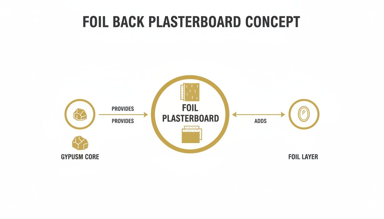 Diagram illustrating the foil back plasterboard concept, showing the gypsum core provides the board and the foil layer adds to it.