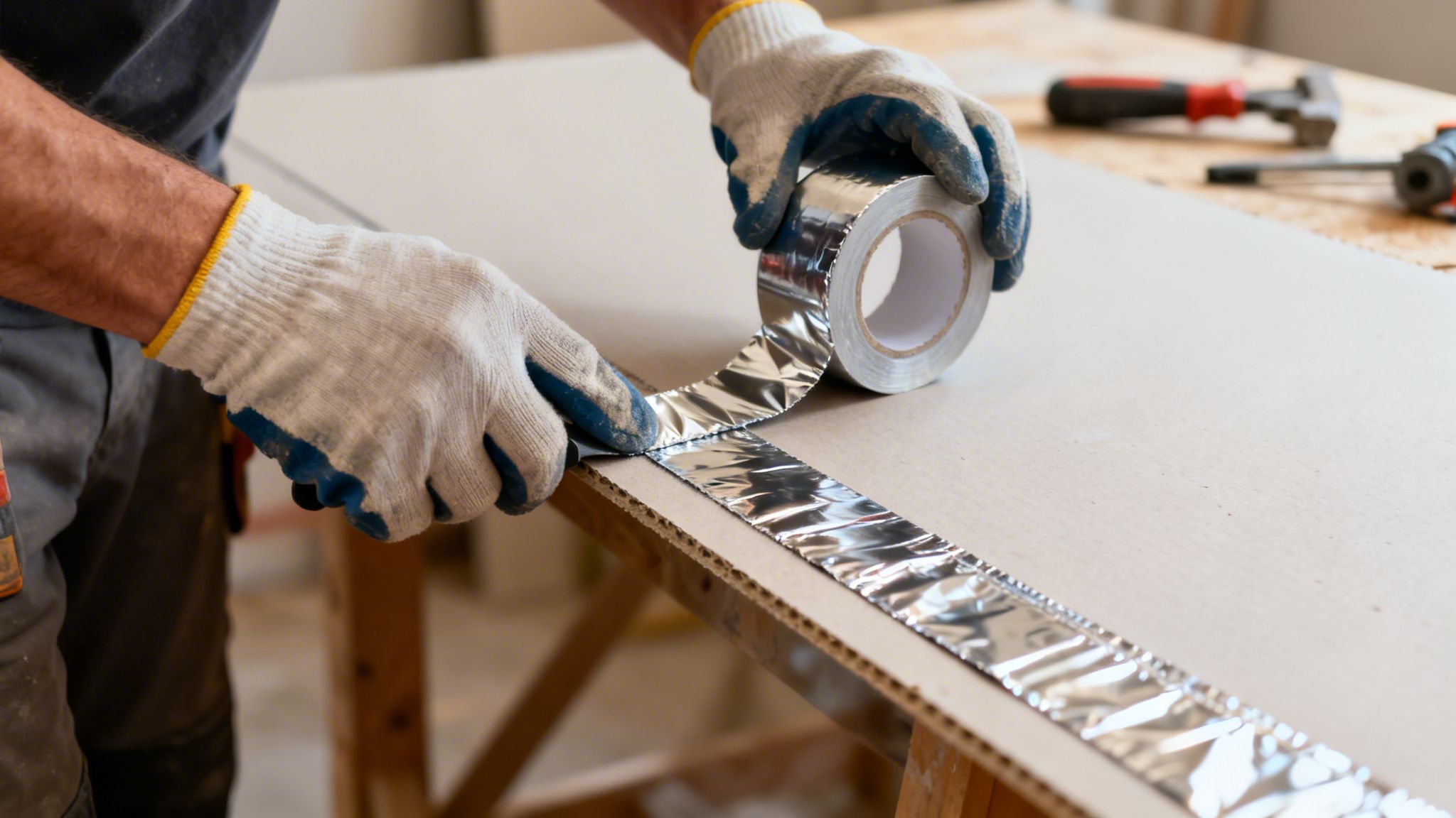 Close-up of a construction worker in gloves applying silver foil tape to the edge of a plasterboard.