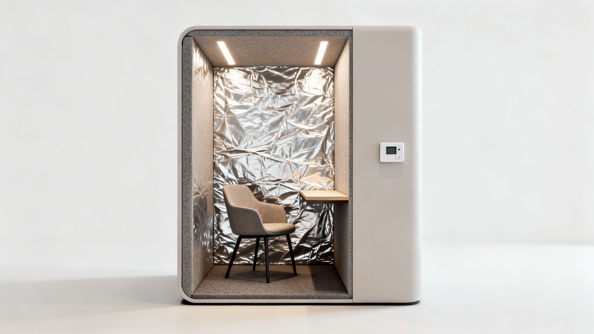 A modern beige soundproof privacy booth with a chair, desk, and metallic back wall.