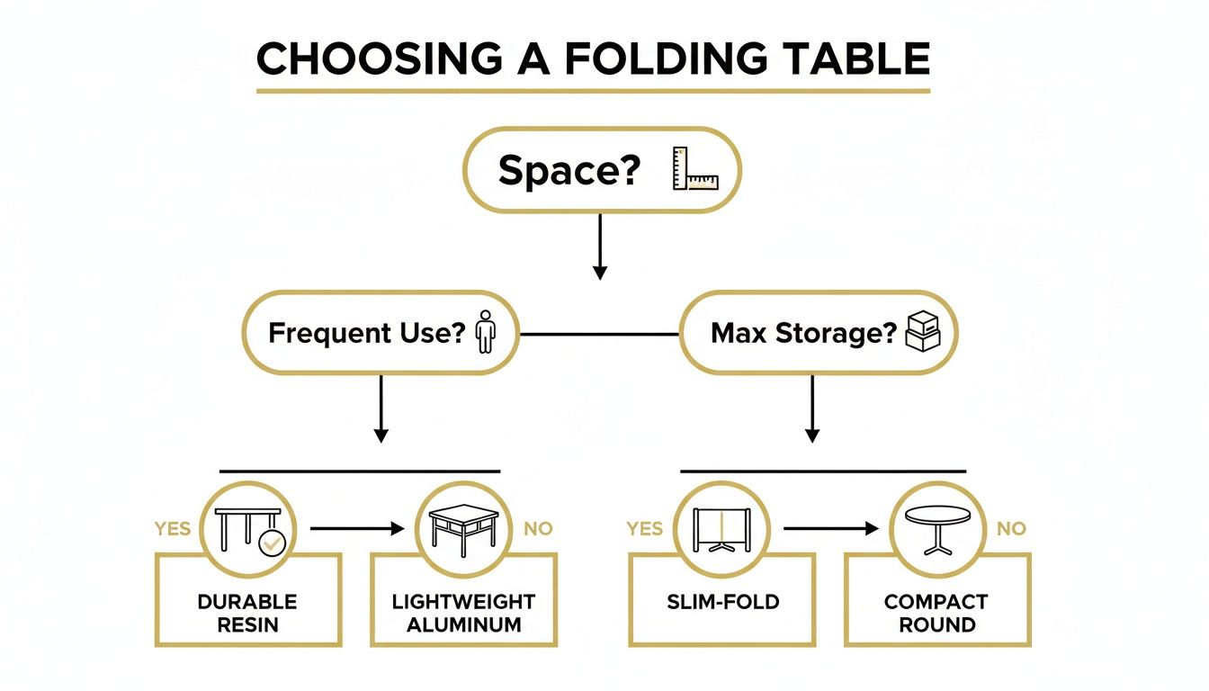 Flowchart detailing how to choose a folding table based on frequent use or maximum storage requirements.