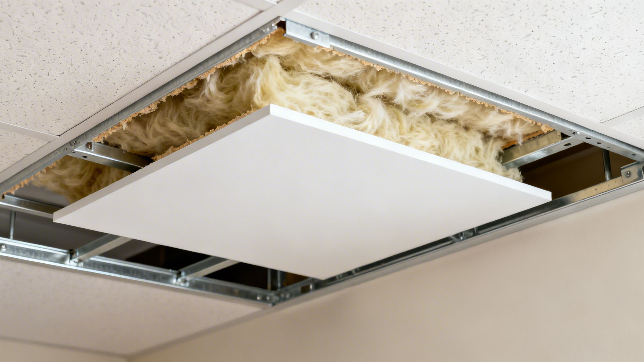 A white suspended ceiling with one panel removed, revealing yellow fiberglass insulation and metal framework.