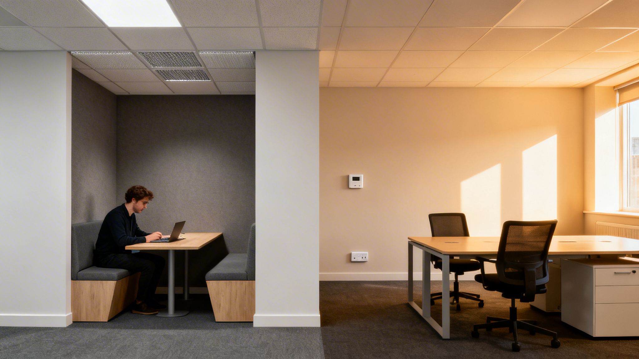 A man works on a laptop in a modern office booth, adjacent to an open workspace with desks.