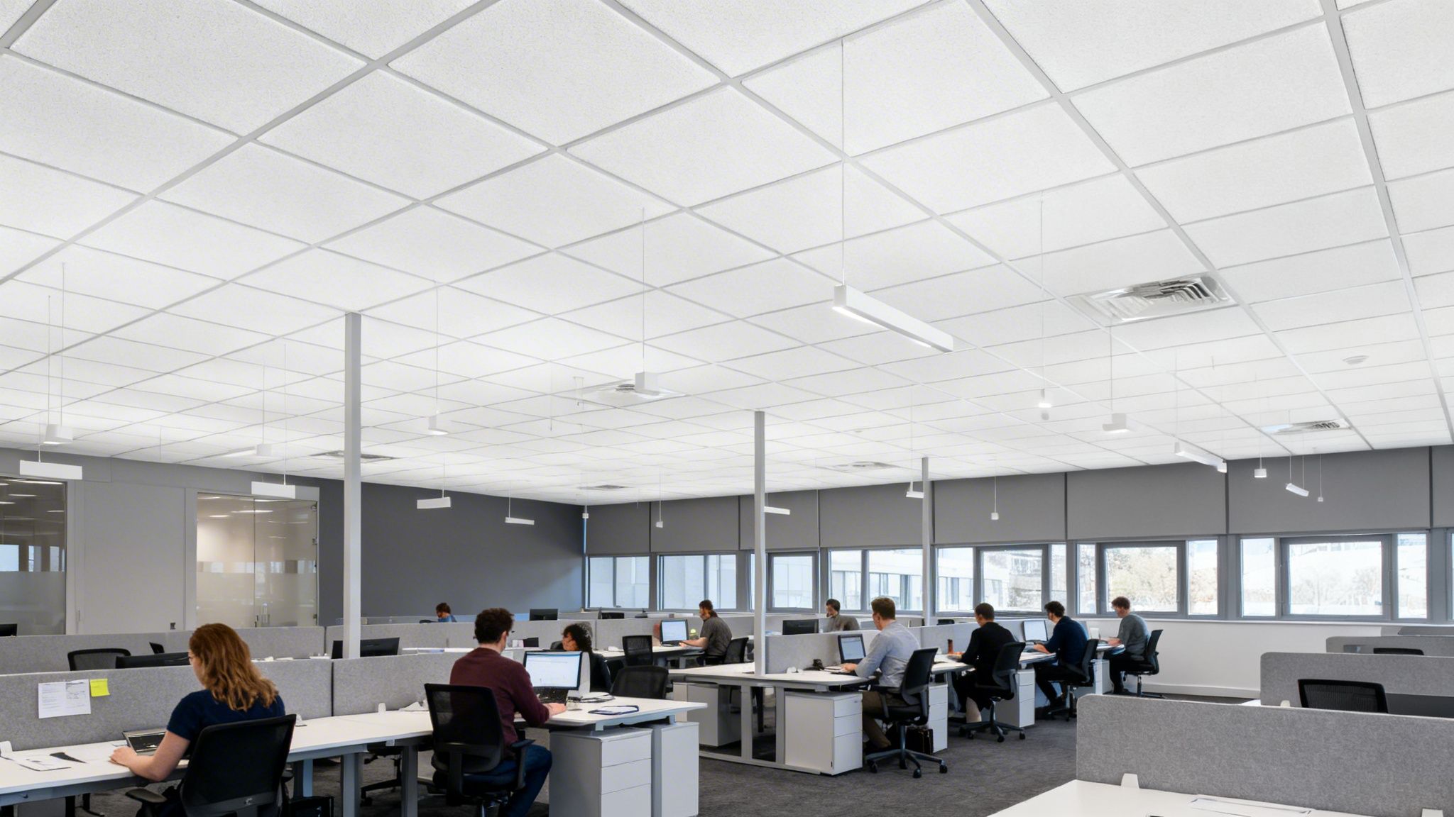 An open-plan office with employees working at modern desks under an insulated suspended ceiling.