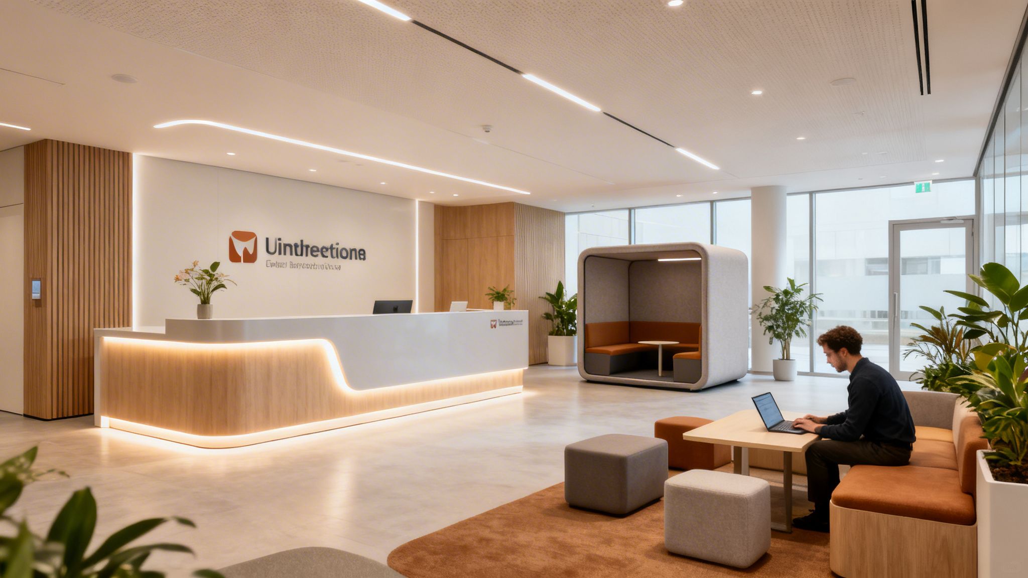 Modern office reception with lighted counter, a soundproof pod, and a man working on a laptop.