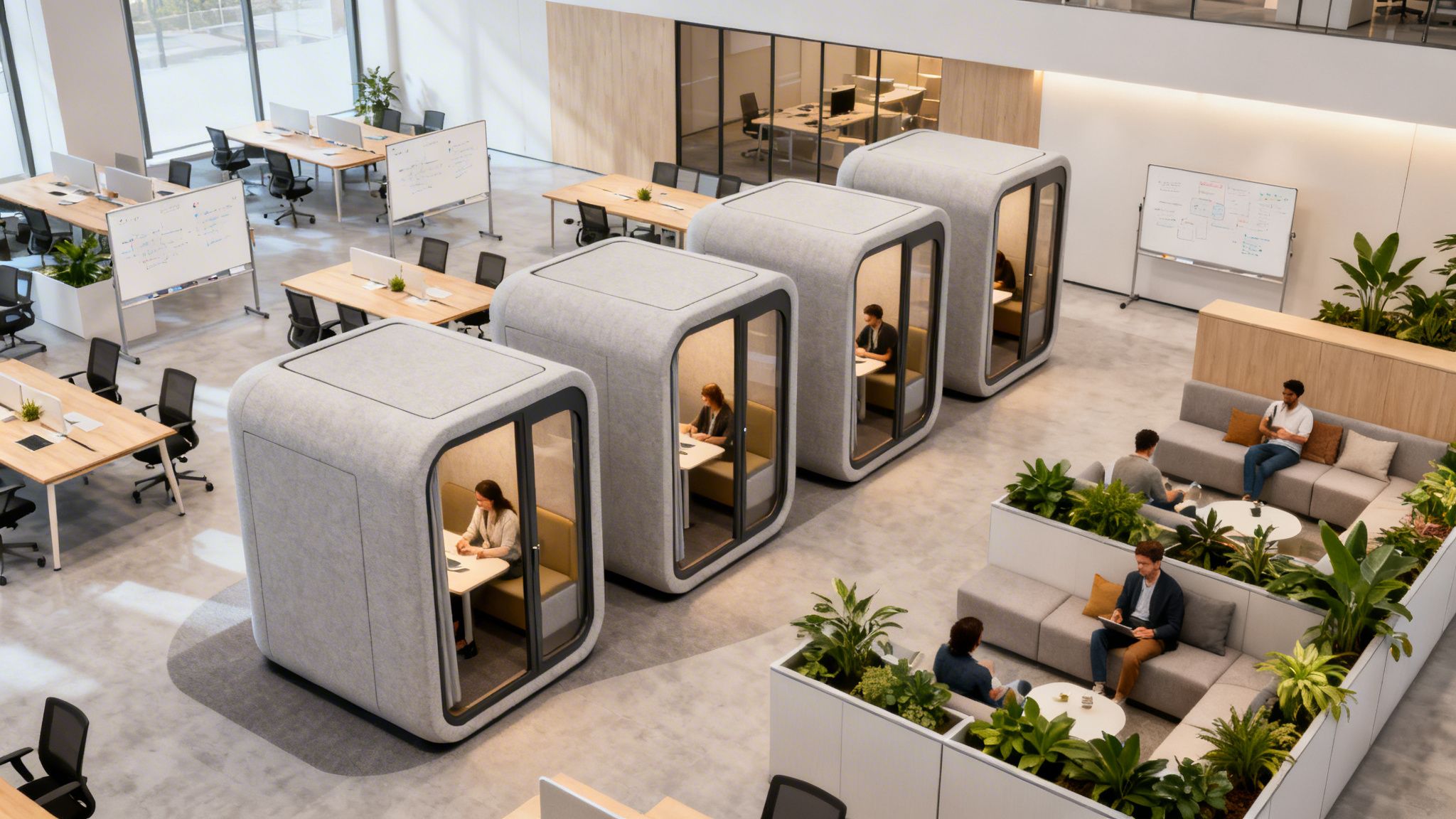 Modern open-plan office with individual soundproof pods, shared desks, and collaborative lounge areas.