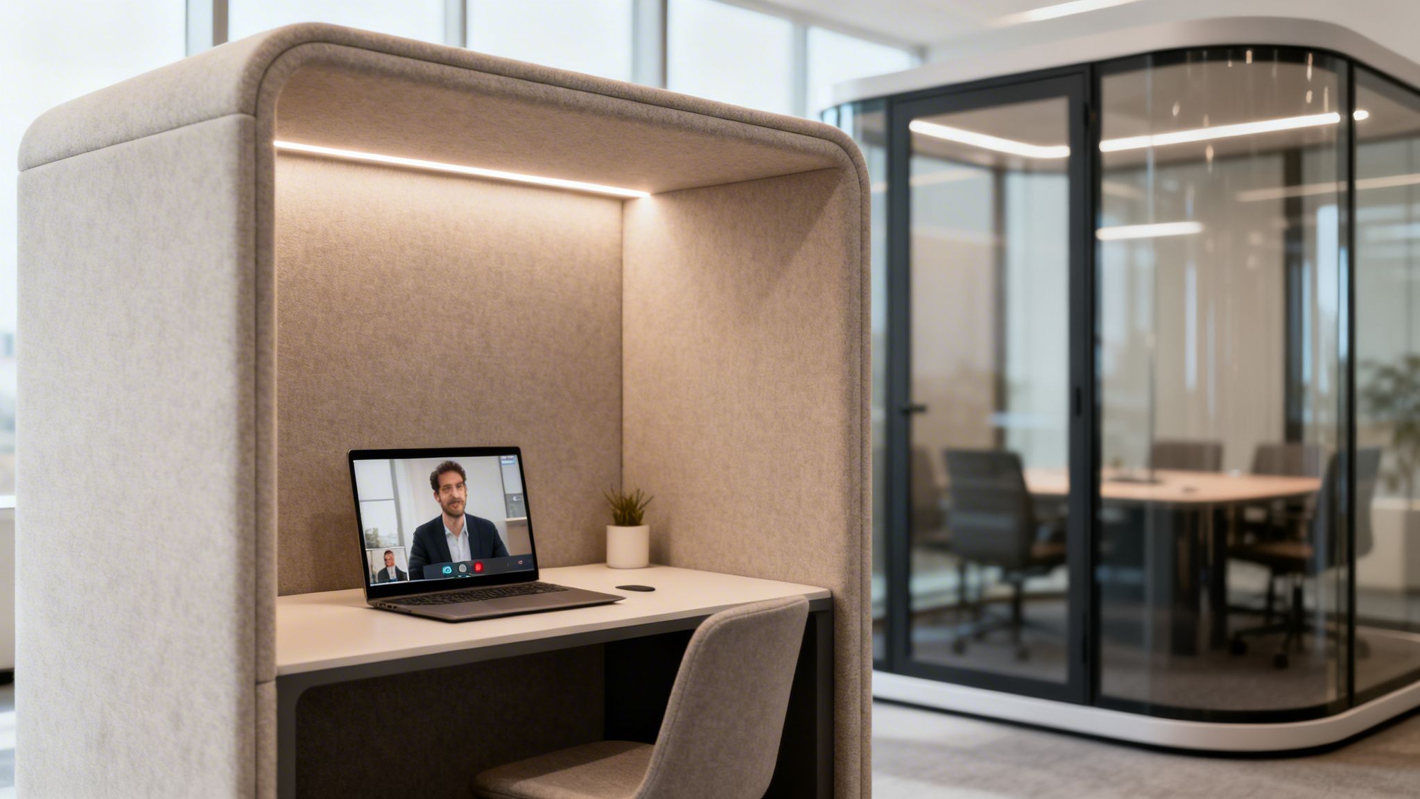 Modern beige office privacy pod with a laptop on a video call, next to a glass meeting room.