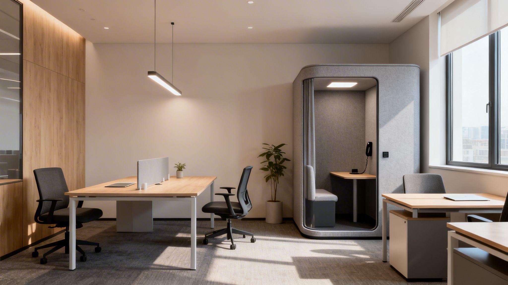 A modern small office interior with several wooden desks, ergonomic chairs, a soundproof privacy booth, and a large window.