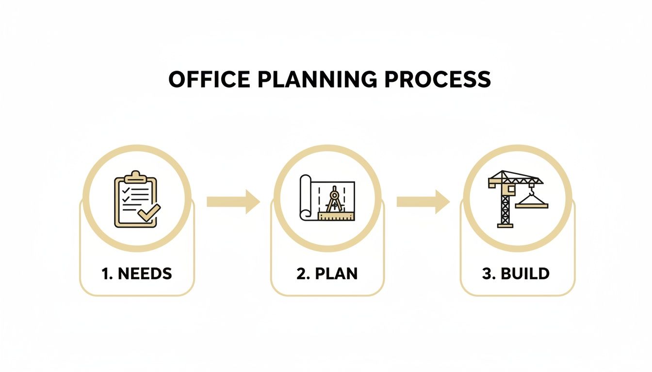 A visual representation of the office planning process, outlining three key steps: Needs, Plan, and Build with icons.