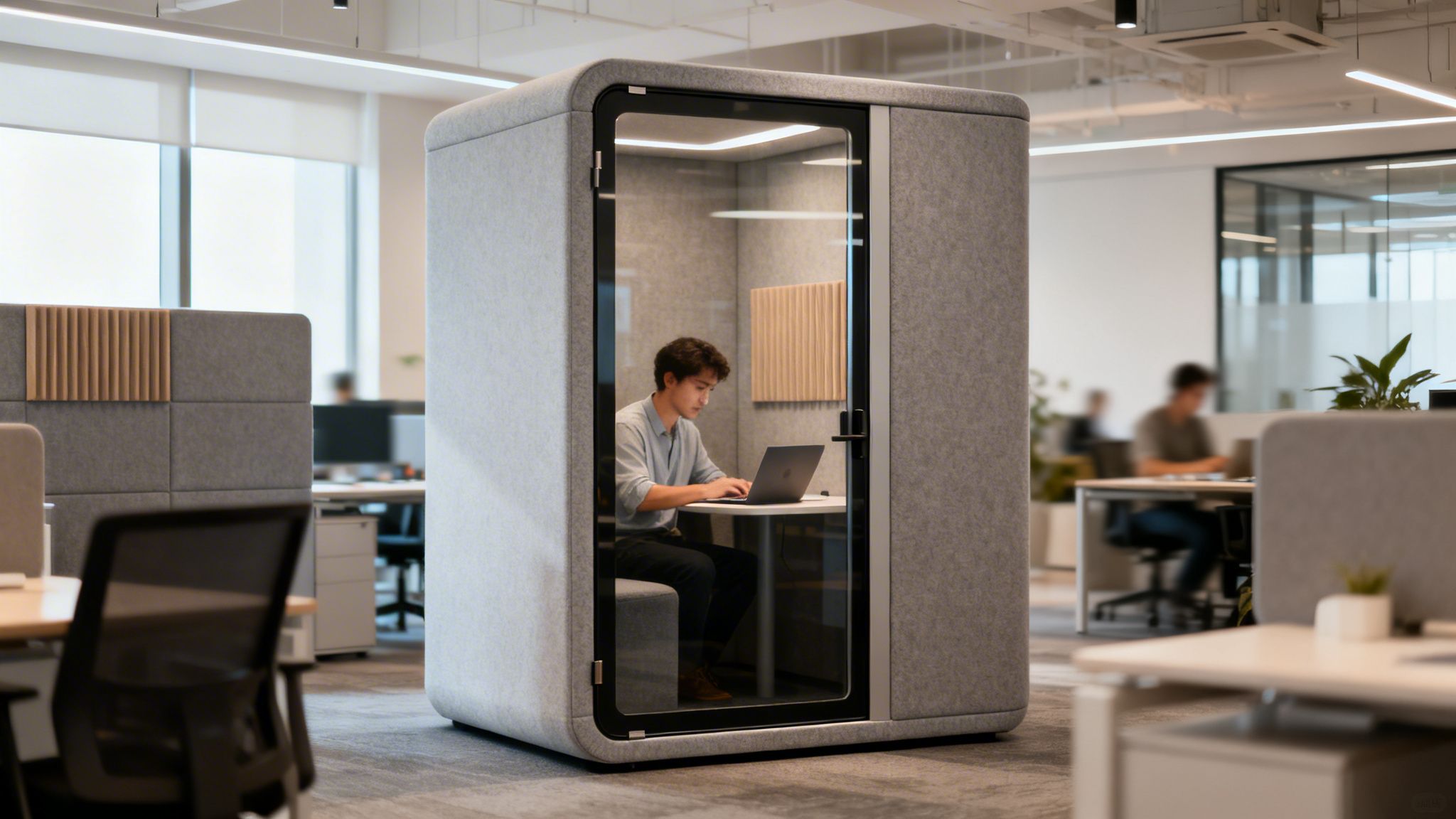 A young man works on a laptop inside a modern gray office privacy pod.