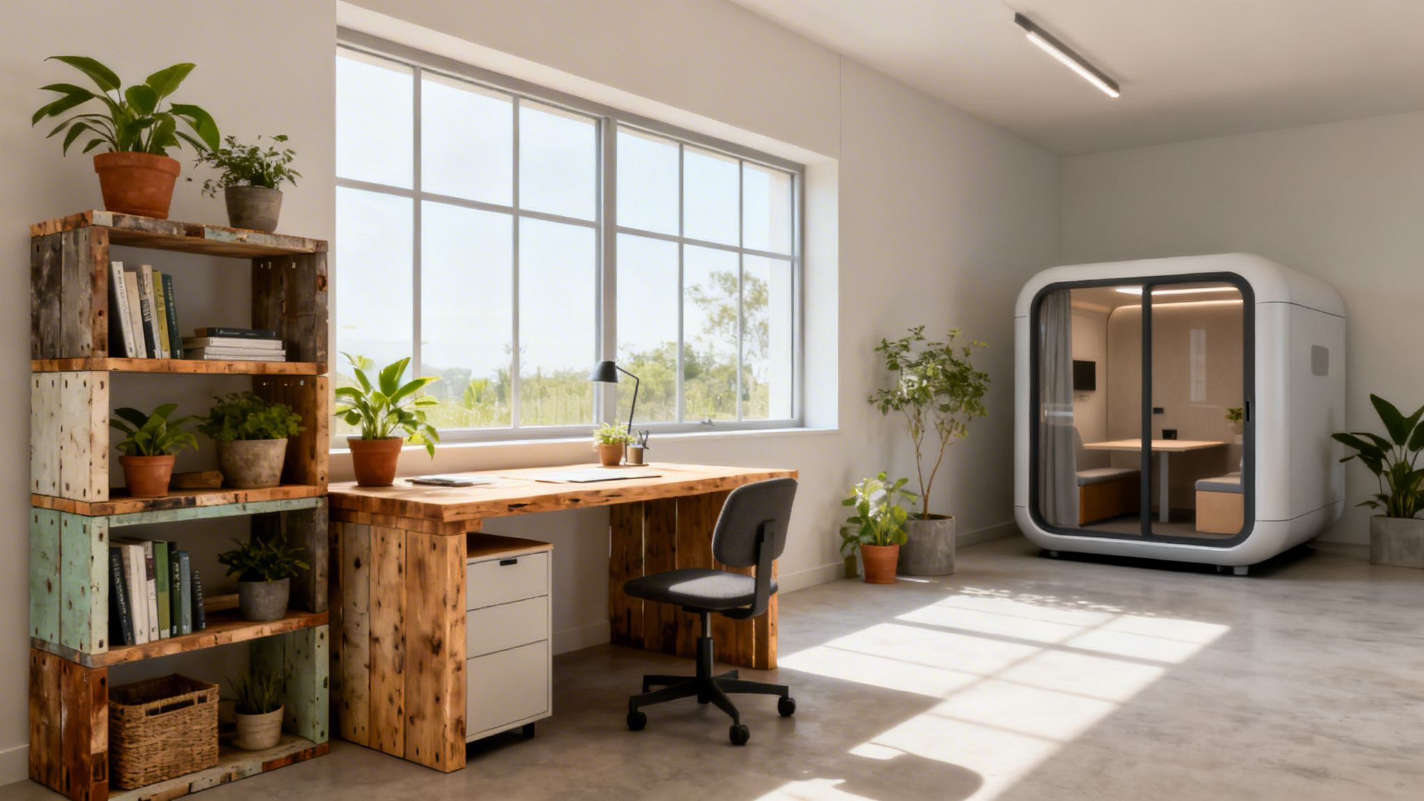A bright, plant-filled office space with a wooden desk, bookshelf, and a modern soundproof pod.