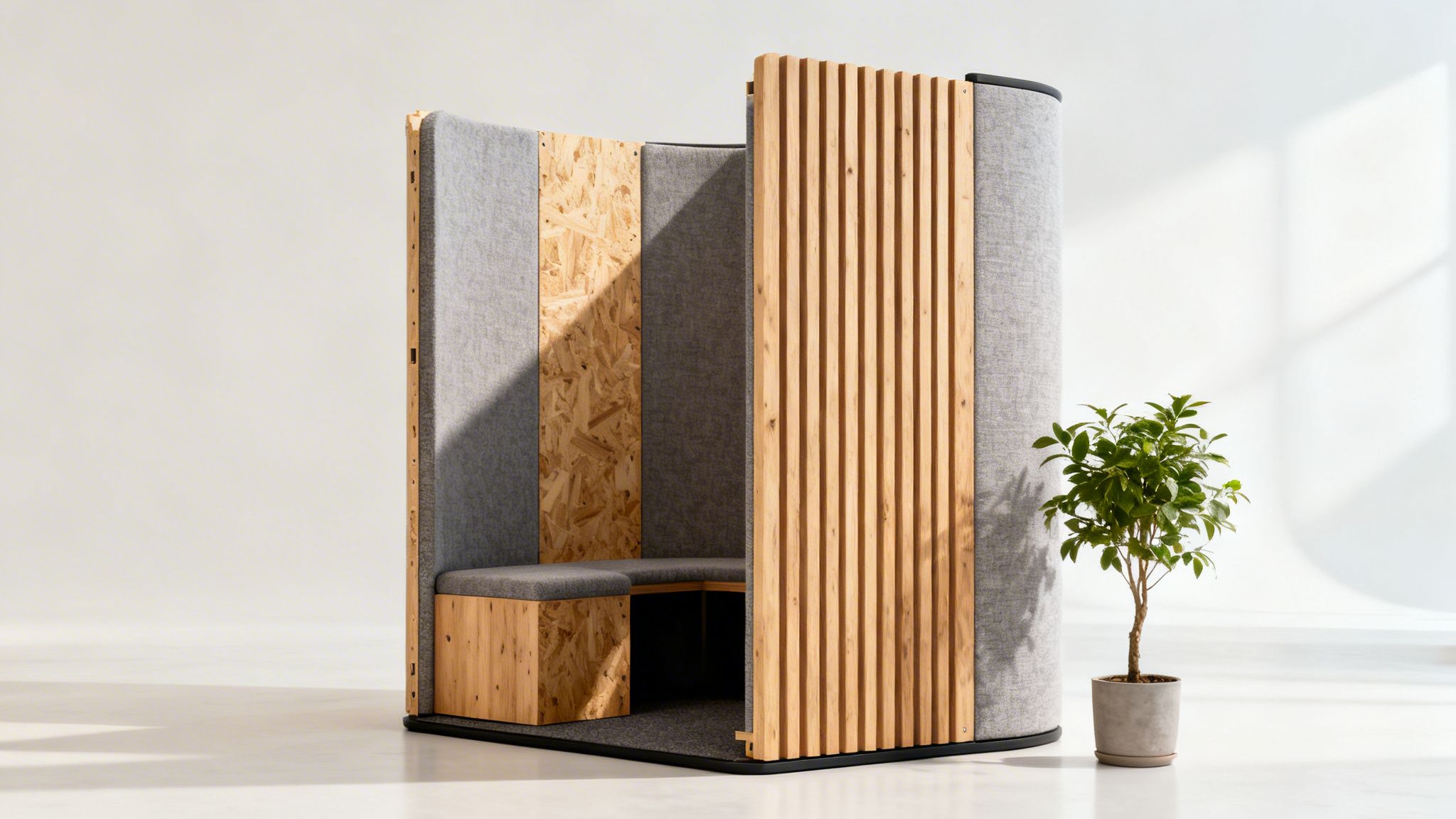 A modern soundproof office booth with grey fabric, wood slats, and a built-in bench.