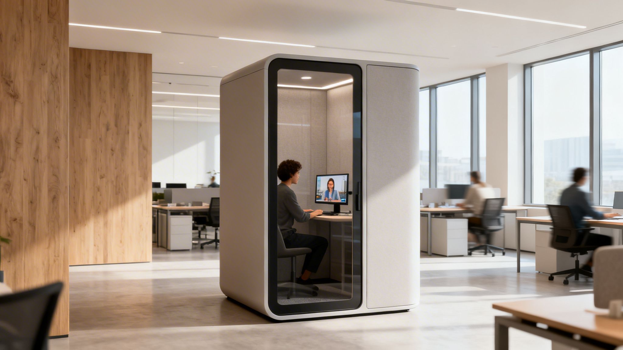 A person having a video call inside a modern soundproof office pod in an open-plan office.