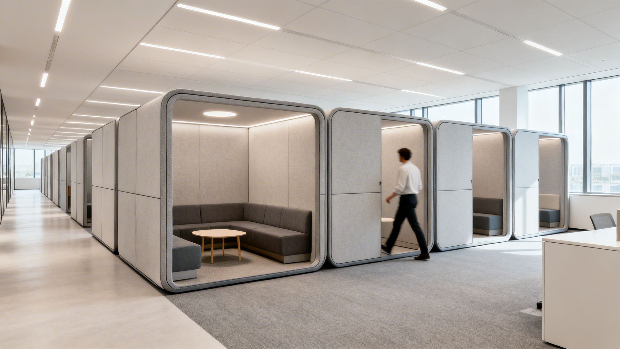 Modern office interior featuring a row of soundproof pods with a person walking past.