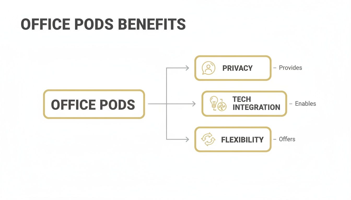 A diagram outlining the key benefits of office pods: privacy, tech integration, and flexibility.