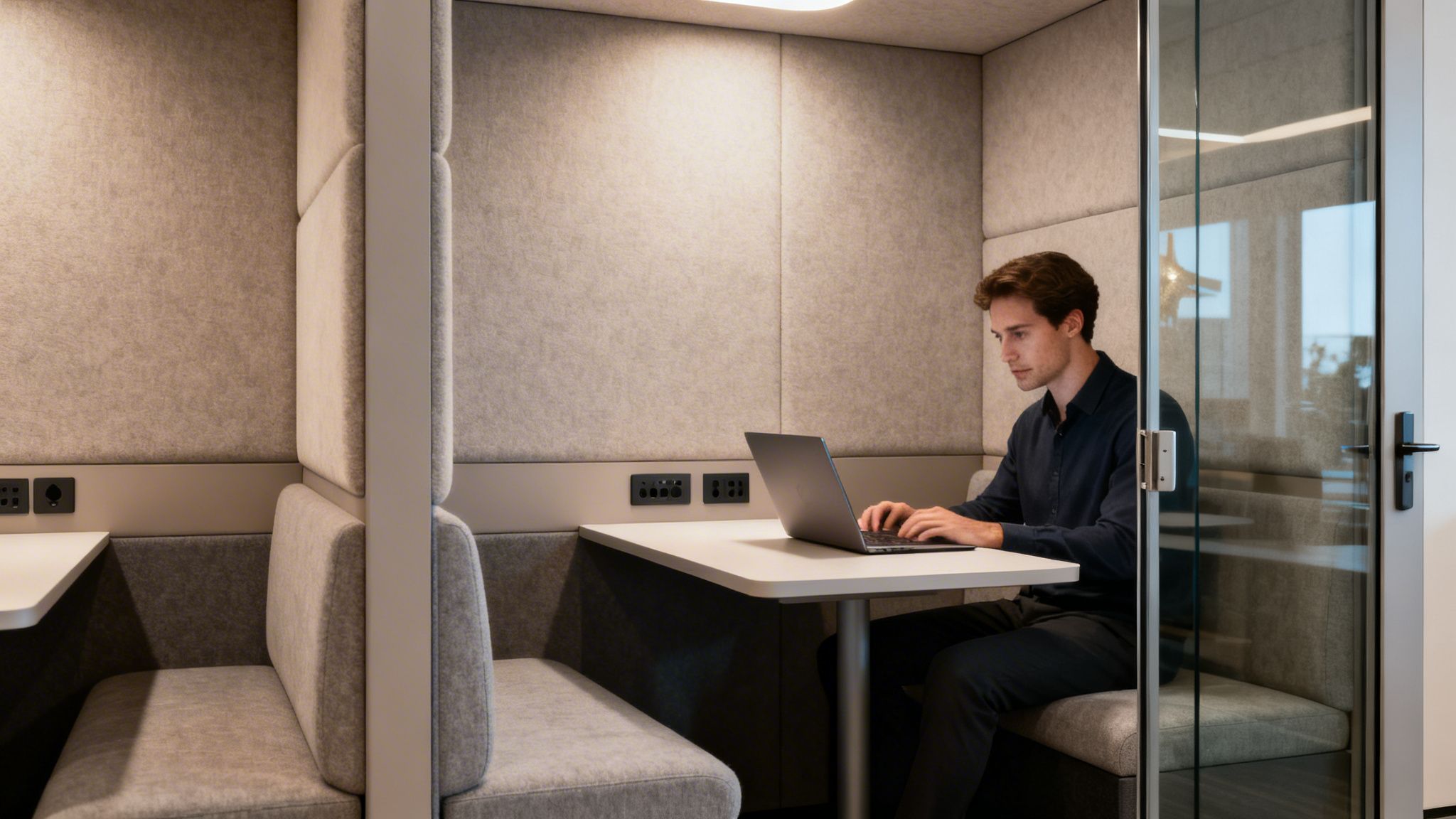 Young man working on a laptop inside a modern, soundproof private office booth.